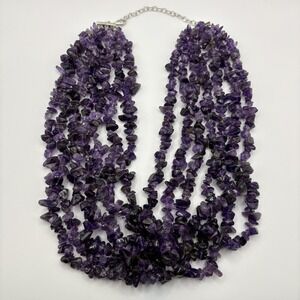 Amethyst Chip Bead Multi Strand Necklace 925 Sterling Silver Adjustable Purple